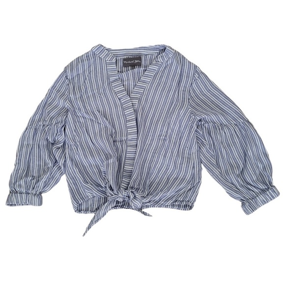 Michael Stars Kendra tie front balloon  sleeve shirt blue white small - Picture 12 of 13